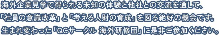 海外企業見学で得られる未知の体験と他社との交流を通して、「社員の意識改革」と「考える人財の育成」を図る絶好の機会です。生まれ変わった「QCサークル 海外研修団」に是非ご参加ください。